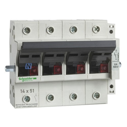 Seccionador portafusible tetrapolar 1 contacto auxiliar 50A fusible 14x51 con referencia GK1EY de la marca SCHNEIDER ELECTRIC.