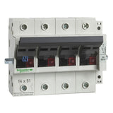 Seccionador portafusible tetrapolar 1 contacto auxiliar 50A fusible 14x51 con referencia GK1EY de la marca SCHNEIDER ELECTRIC.