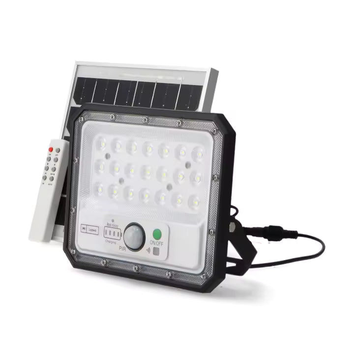 LEDME Foco Proyector Led Solar Aras 50W 6000K, sin cables placa fotovoltaica con mando a distancia, detector crepuscular de luz y movimiento opcional on/off, resistente, duradera, lampara sin cable, bombilla sin cable con placa solar , luz solar exterior